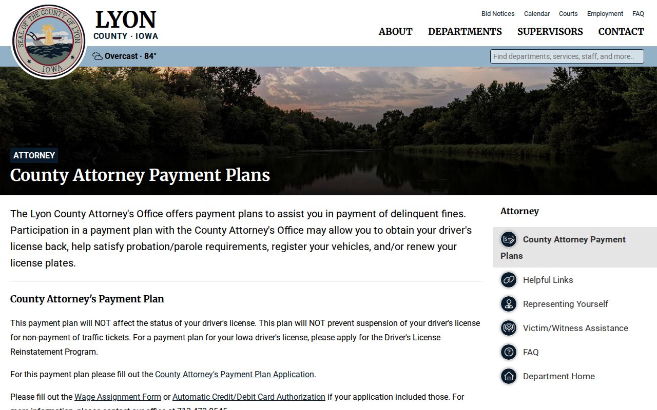 Lyon County bench warrant court debt payment plan page