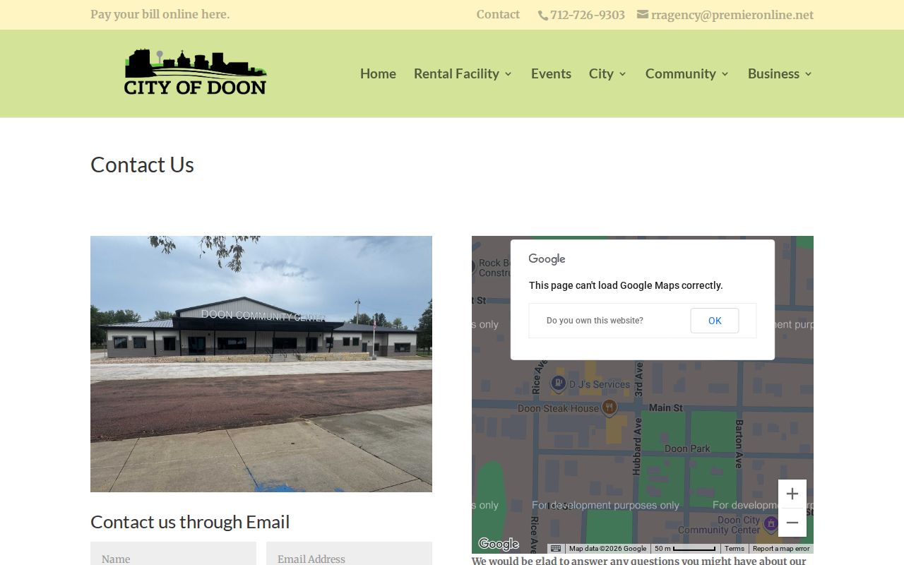 Doon city-office contact page for parking and administrative questions